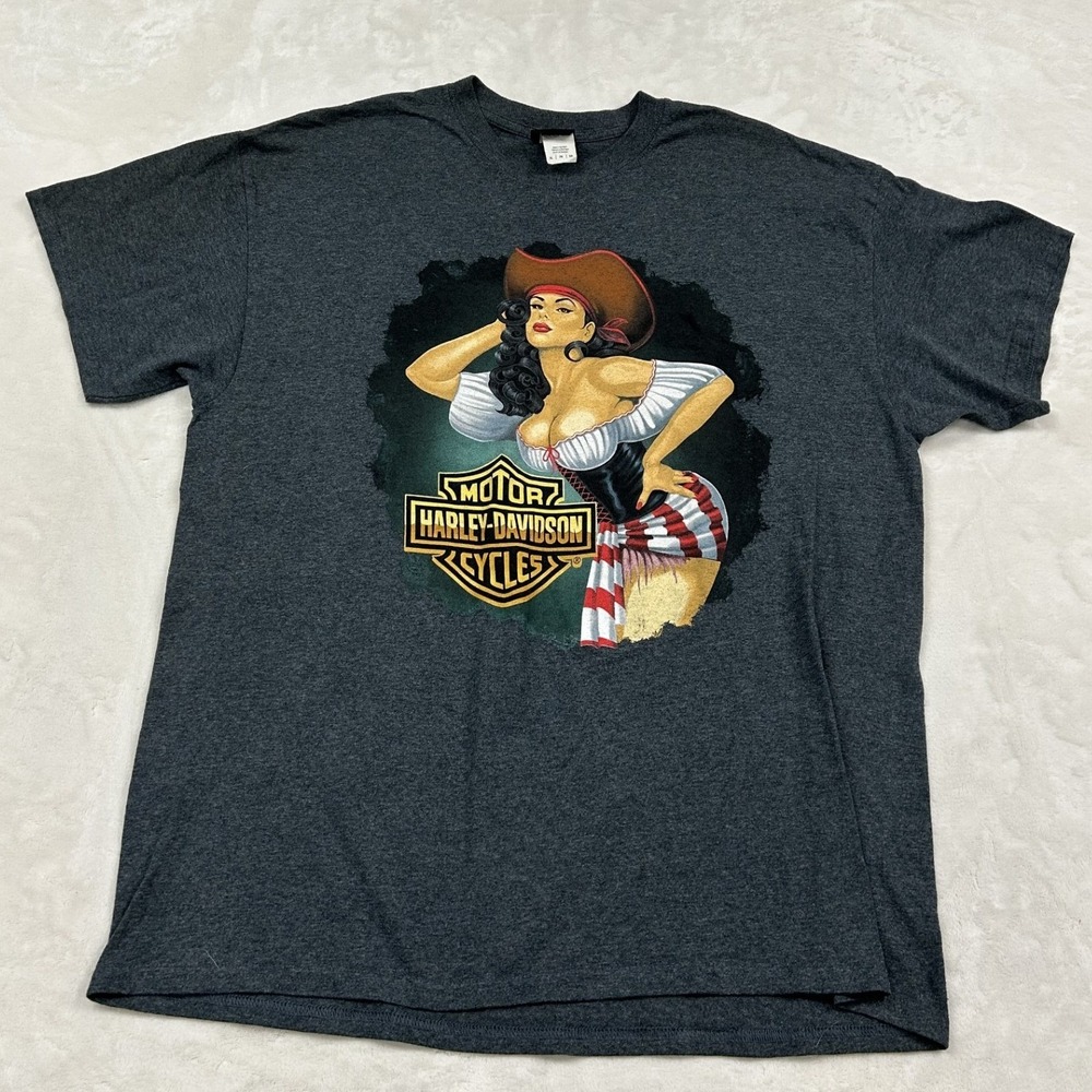 Harley-Davidson T-Shirt Mens XL Gray Aruba Pinup Pirate Graphic Tee